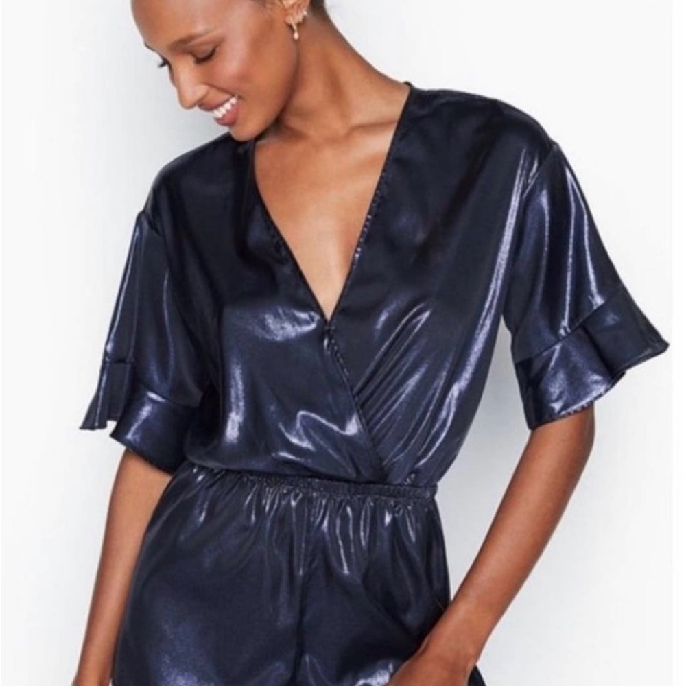 Victoria’s Secret Romper NWT Blue Metallic Shorts Ruffle Sleeve Pajamas Medium